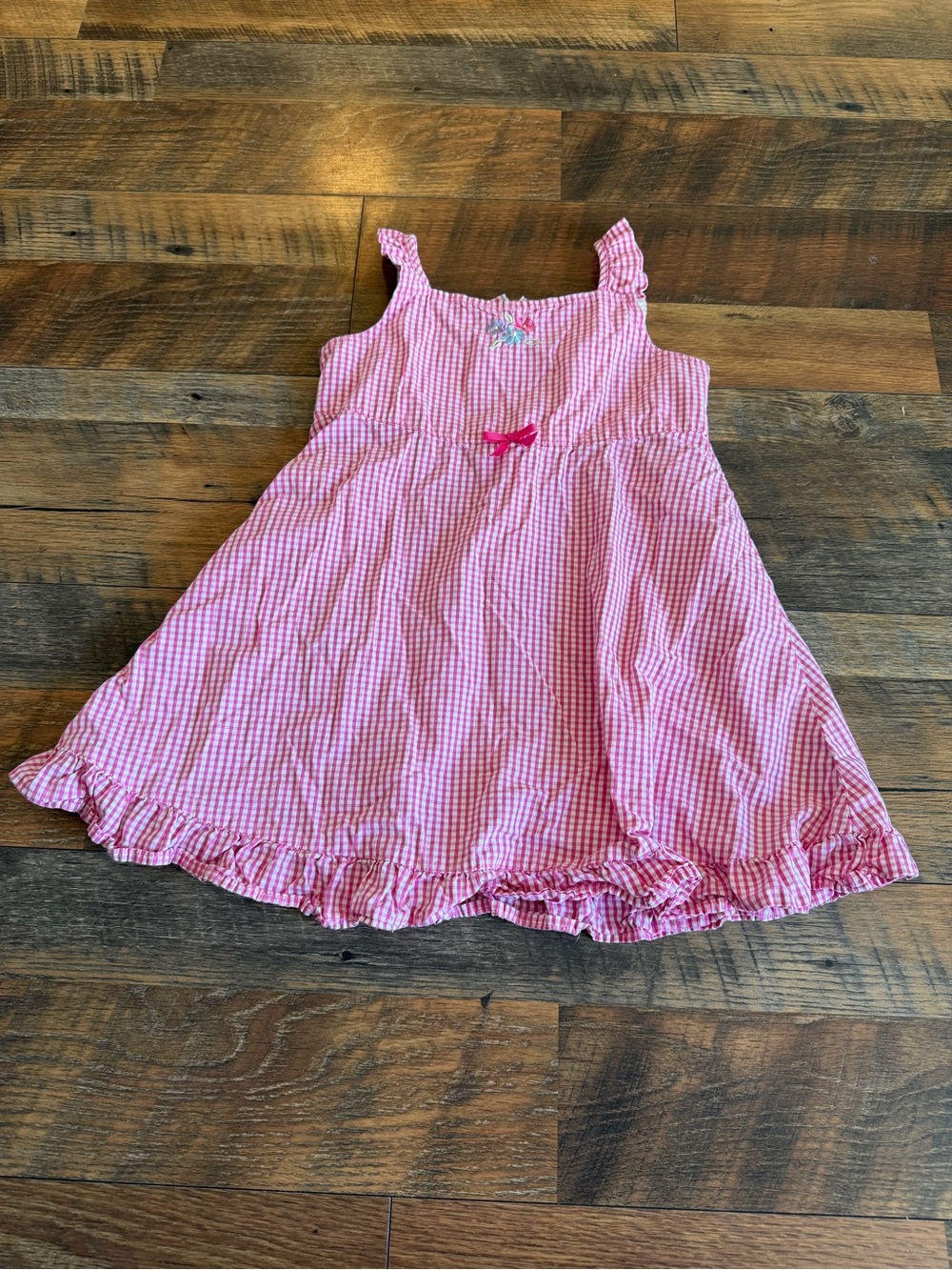 Hanna Andersson Pink Gingham Dress Size 5 Ruffle Sleeves Embroidered Flowers